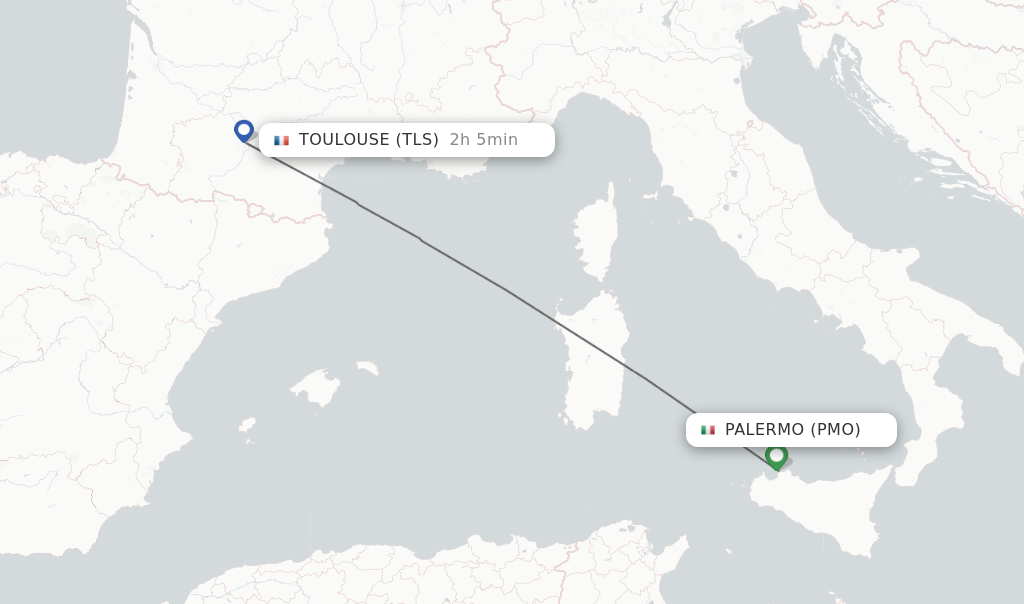 Flights from Palermo to Toulouse route map