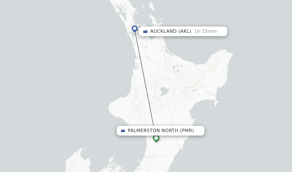 Flights from Palmerston North to Auckland route map