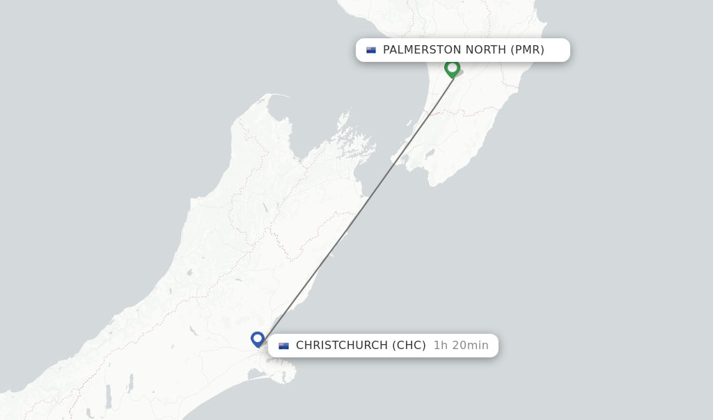 Flights from Palmerston North to Christchurch route map