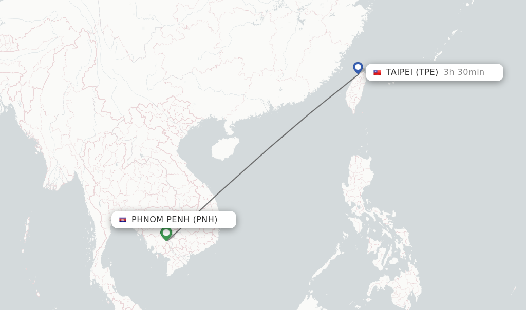 Flights from Phnom Penh to Taipei route map
