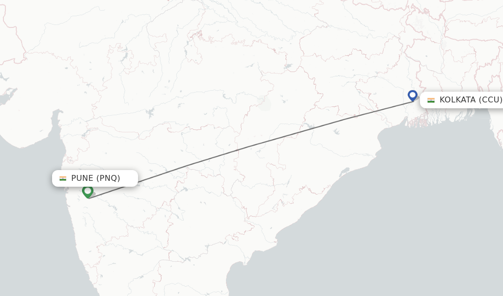 Flights from Pune to Kolkata route map