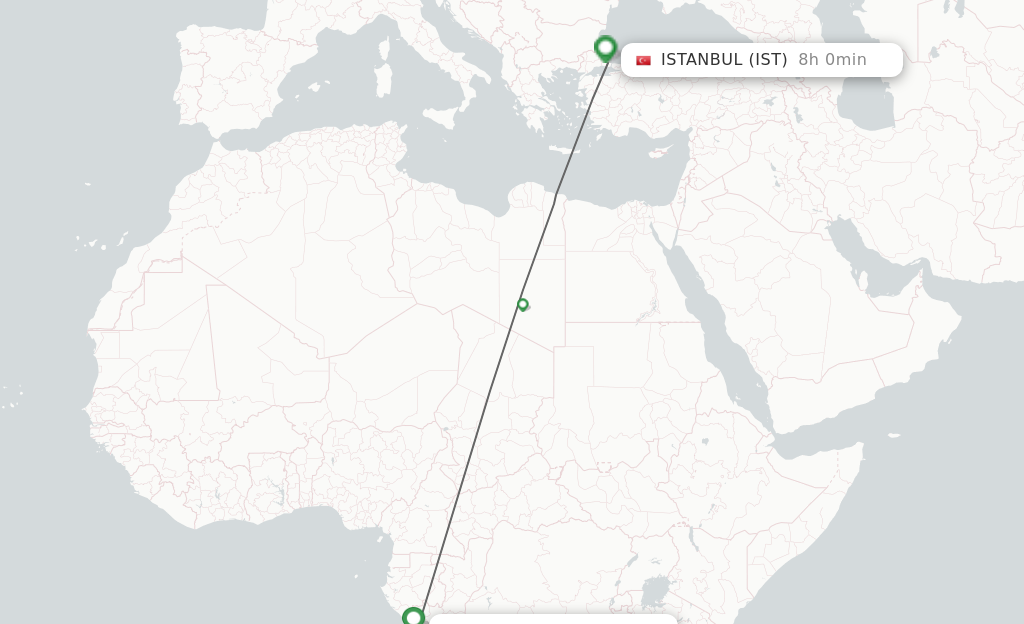 Flights from Pointe Noire to Istanbul route map