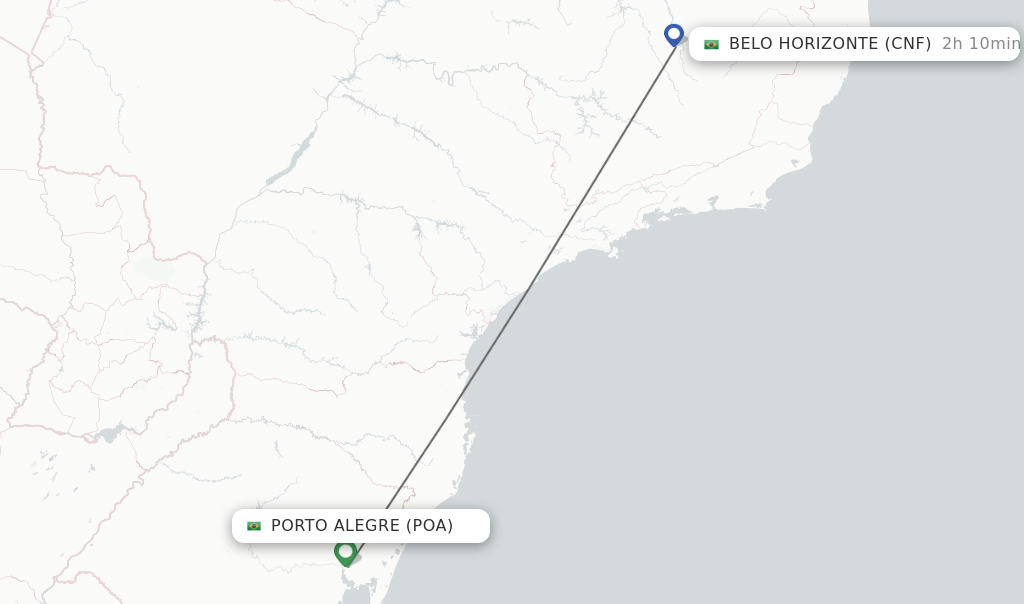 Flights from Porto Alegre to Belo Horizonte route map