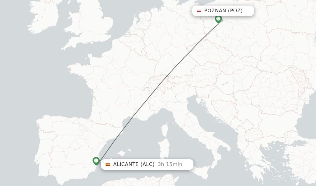 Flights from Poznan to Alicante route map