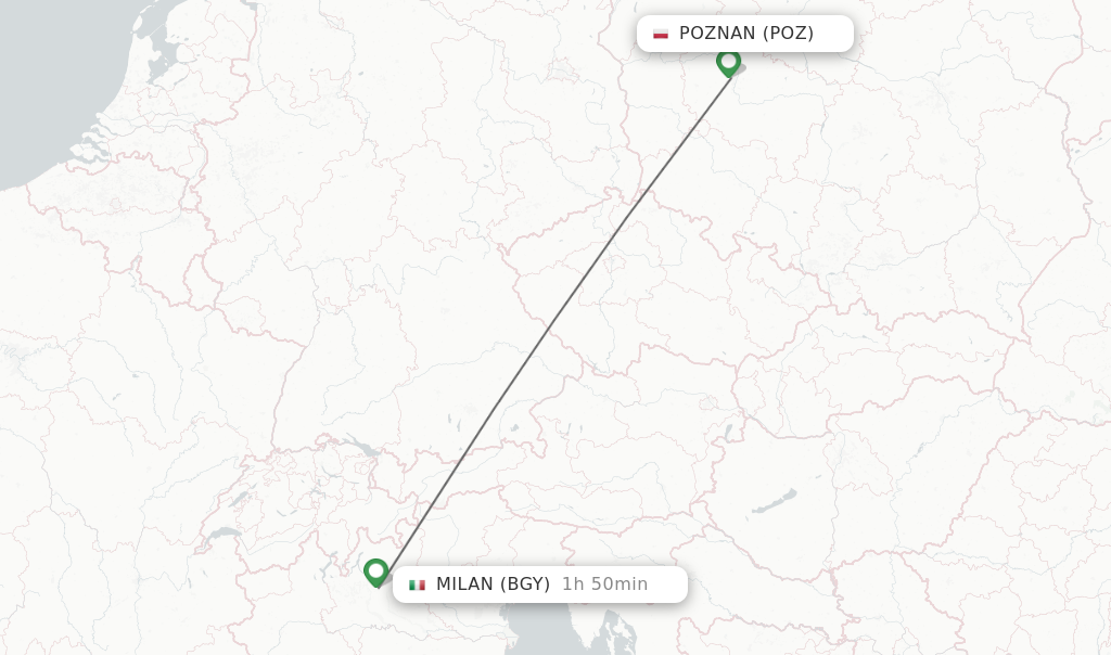 Flights from Poznan to Milan route map