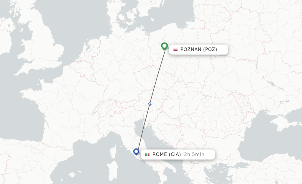 Flights from Poznan to Rome route map