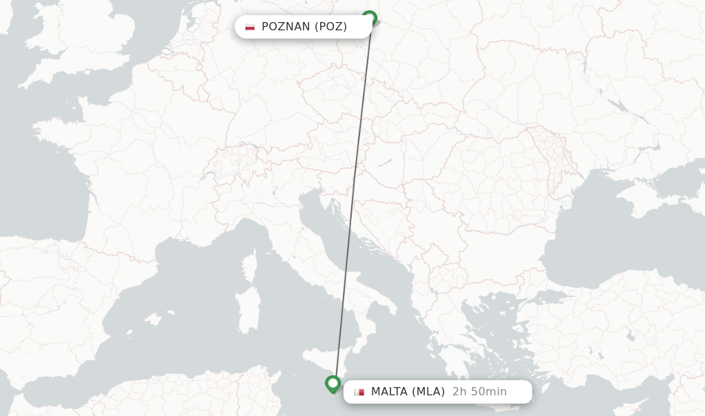 Flights from Poznan to Malta route map