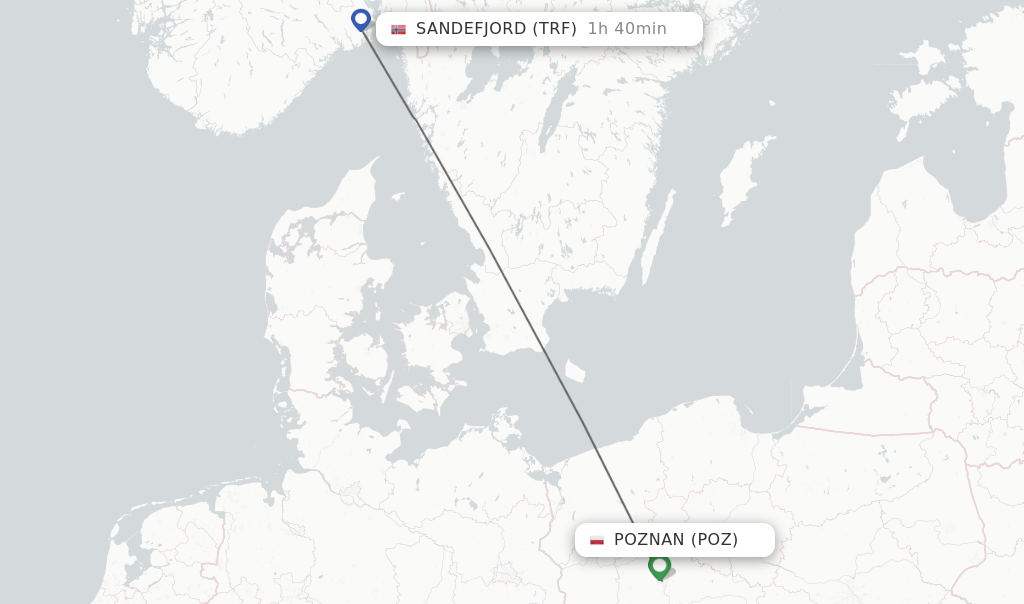 Flights from Poznan to Sandefjord route map