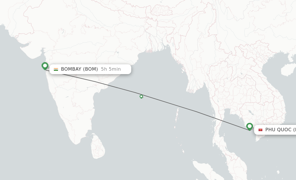 Flights from Phu Quoc to Mumbai route map