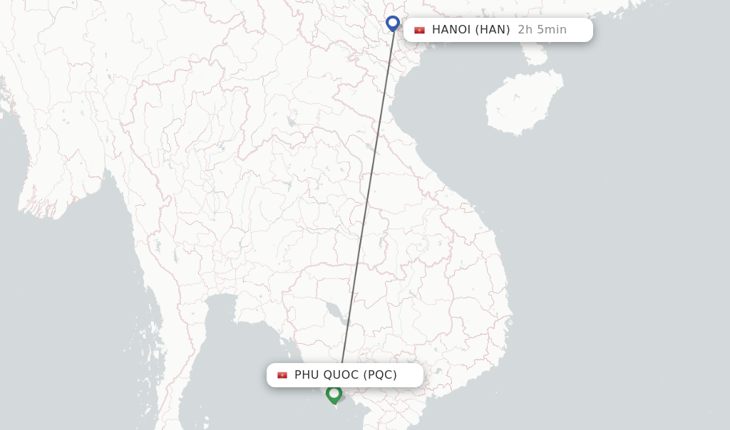 Flights from Phu Quoc to Hanoi route map