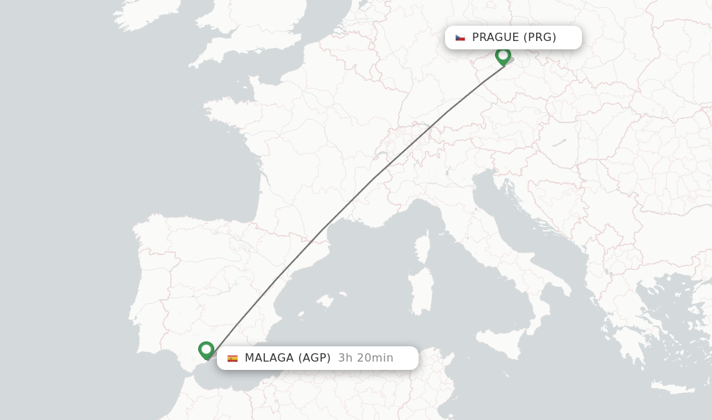 Flights from Prague to Malaga route map