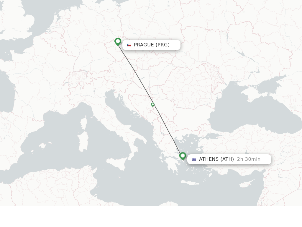 Flights from Prague to Athens route map