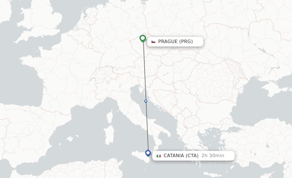 Flights from Prague to Catania route map