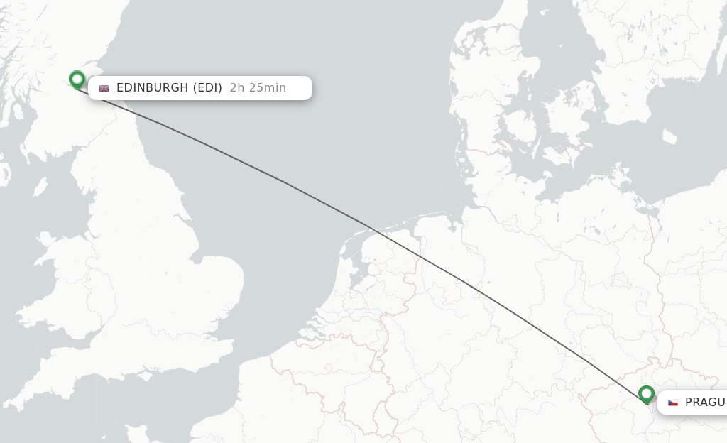 Flights from Prague to Edinburgh route map