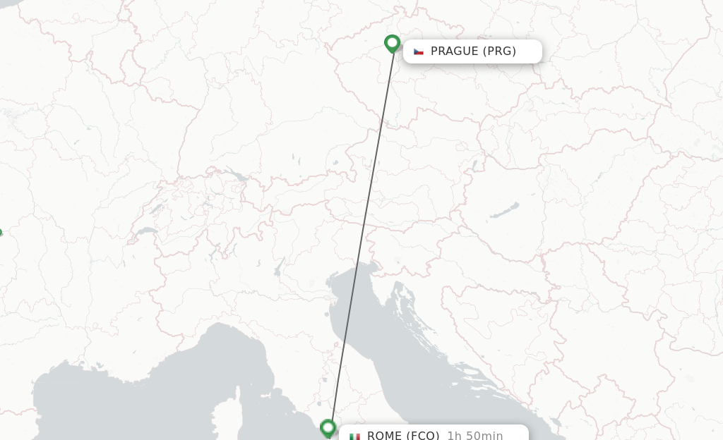 Flights from Prague to Rome route map