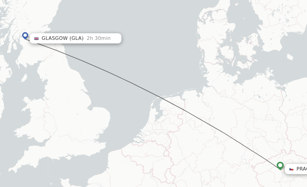 Flights from Prague to Glasgow route map