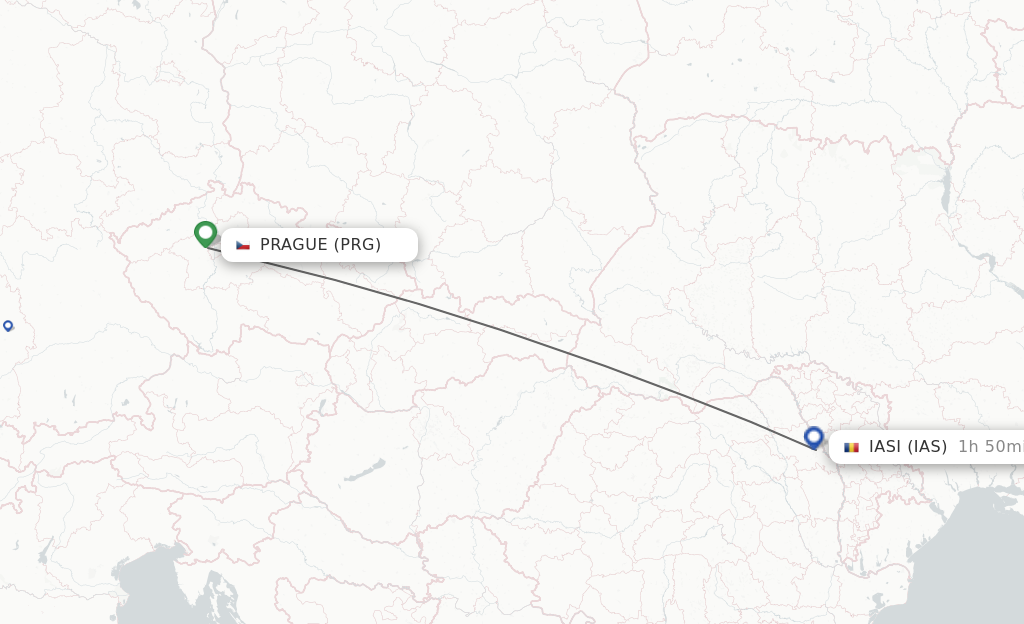 Flights from Prague to Iasi route map