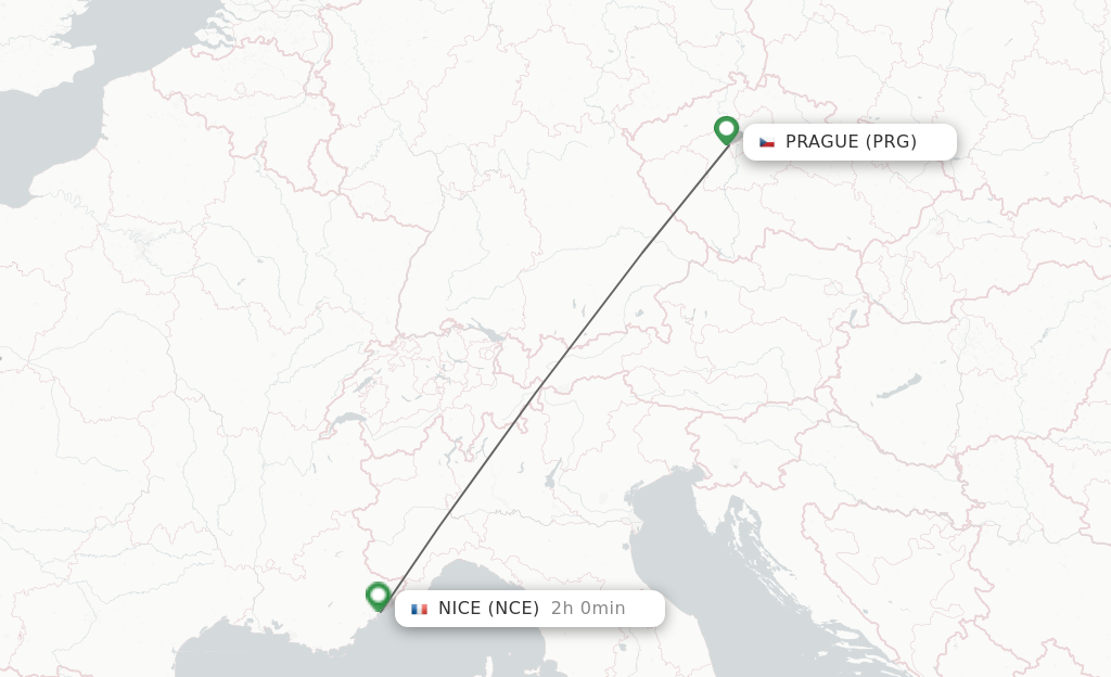 Flights from Prague to Nice route map