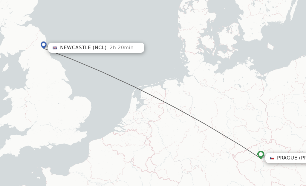 Flights from Prague to Newcastle route map
