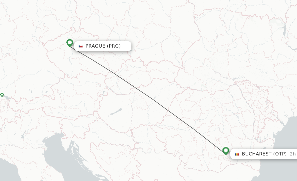 Flights from Prague to Bucharest route map