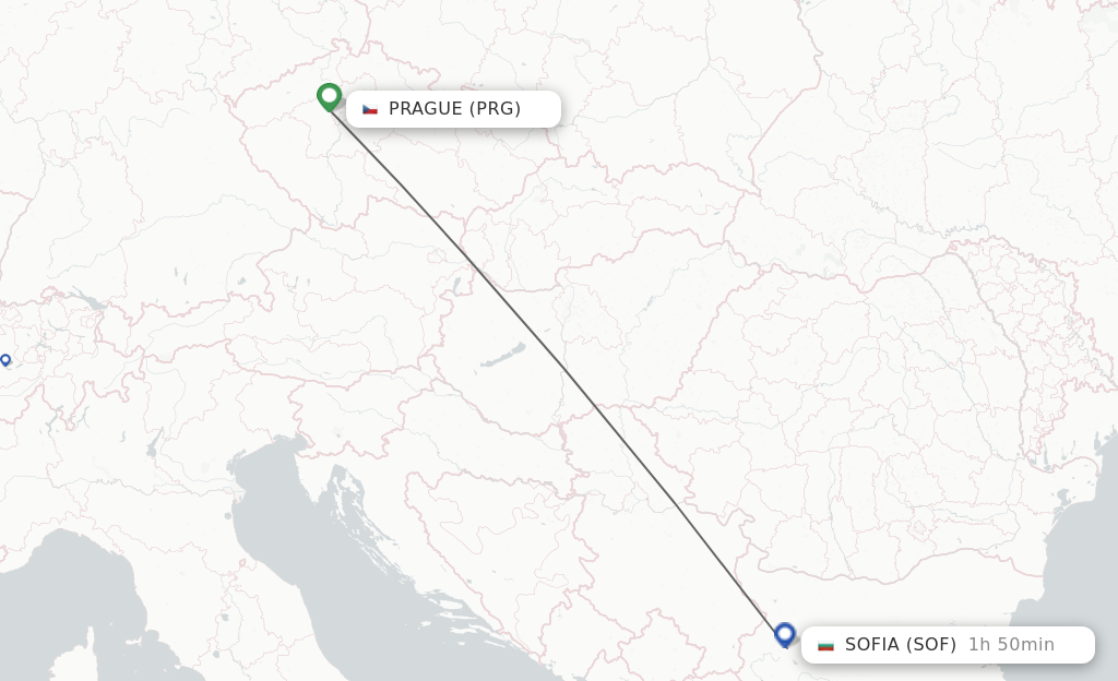 Flights from Prague to Sofia route map
