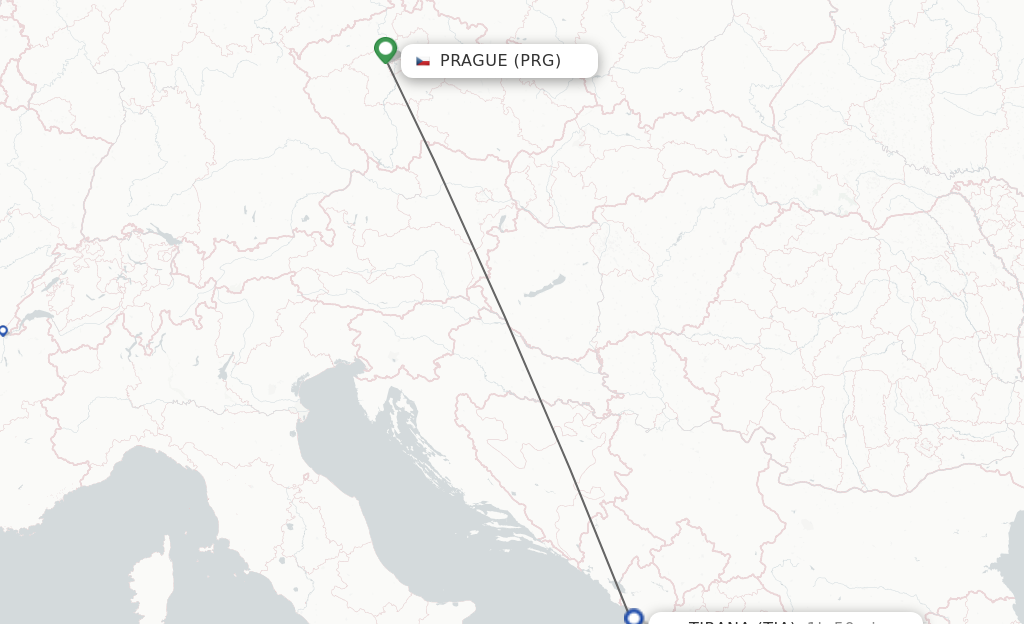 Flights from Prague to Tirana route map
