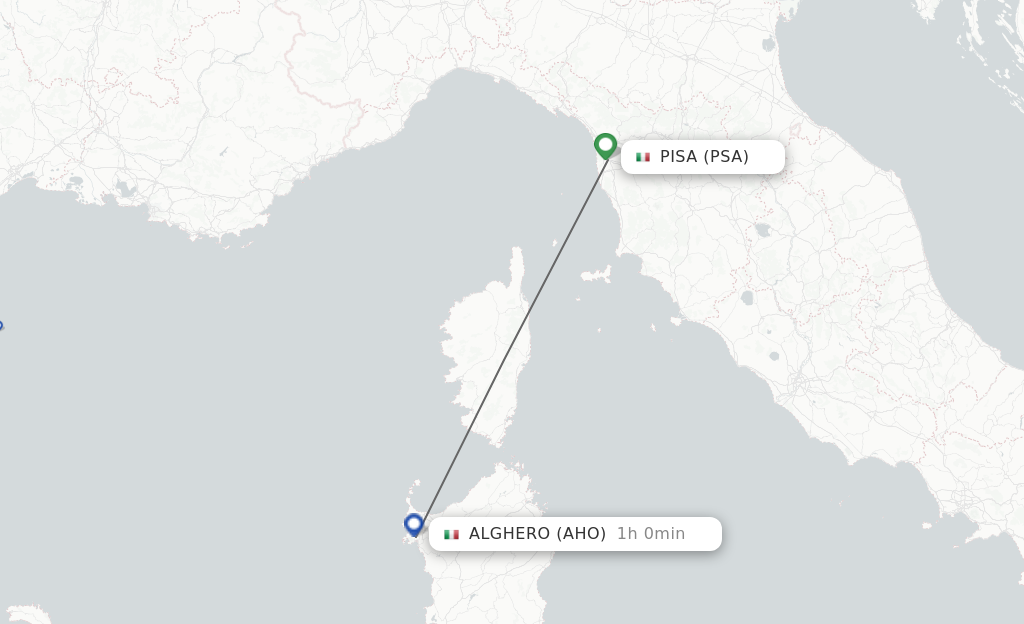 Flights from Pisa to Alghero route map