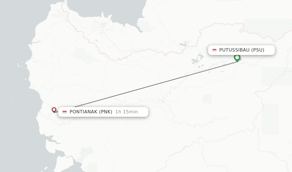 Flights from Putussibau to Pontianak route map