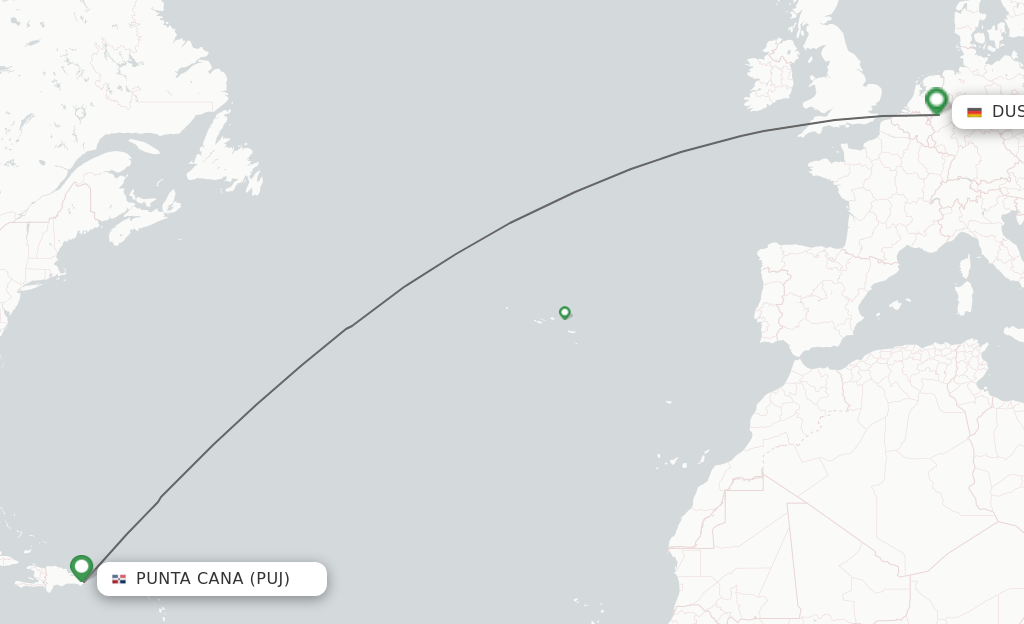 Flights from Punta Cana to Dusseldorf route map