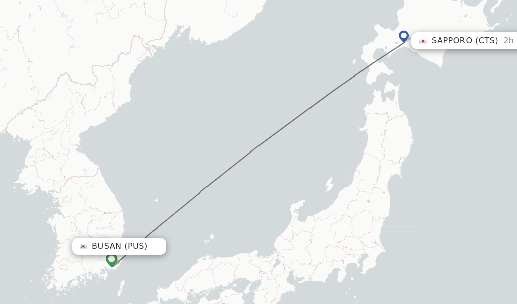 Flights from Busan to Sapporo route map