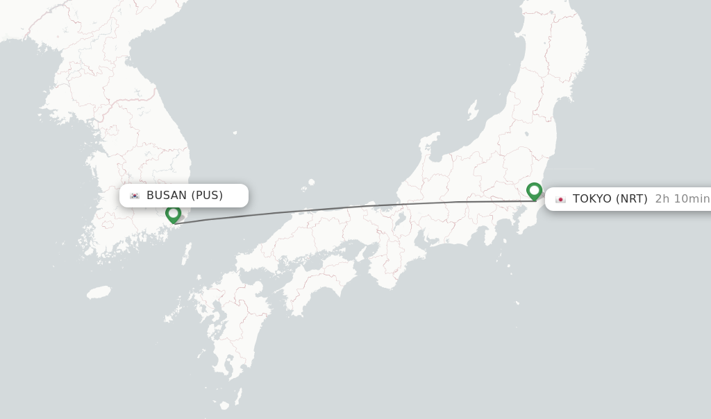 Flights from Busan to Tokyo route map