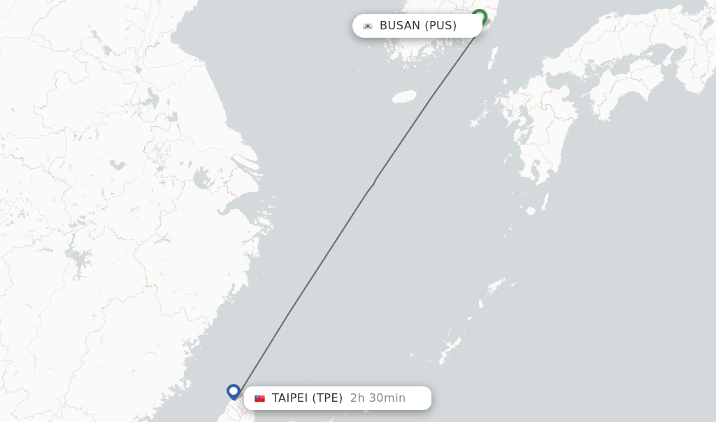 Flights from Busan to Taipei route map