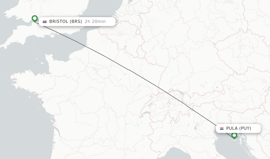 Flights from Pula to Bristol route map