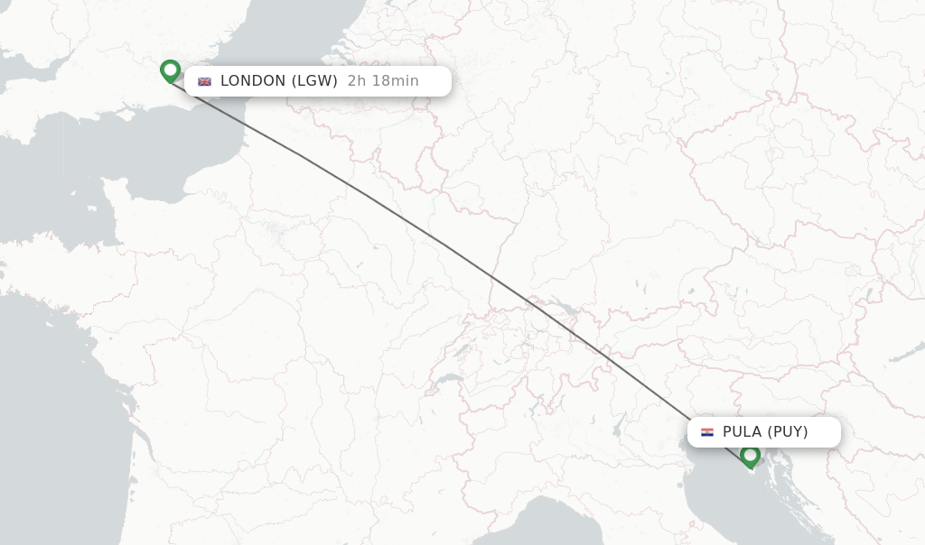 Flights from Pula to London route map
