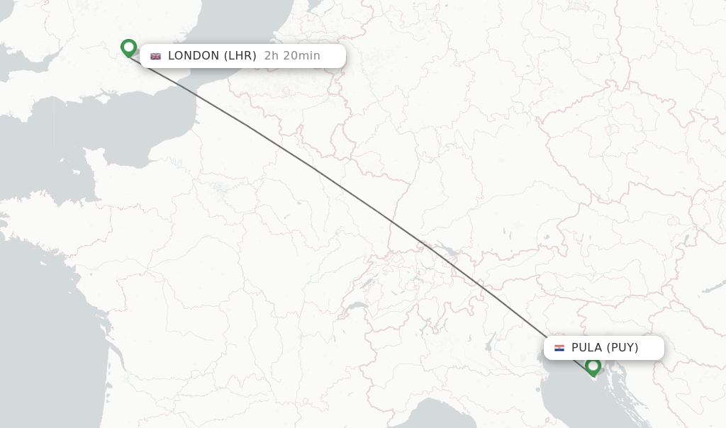 Flights from Pula to London route map