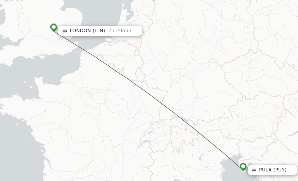 Flights from Pula to London route map