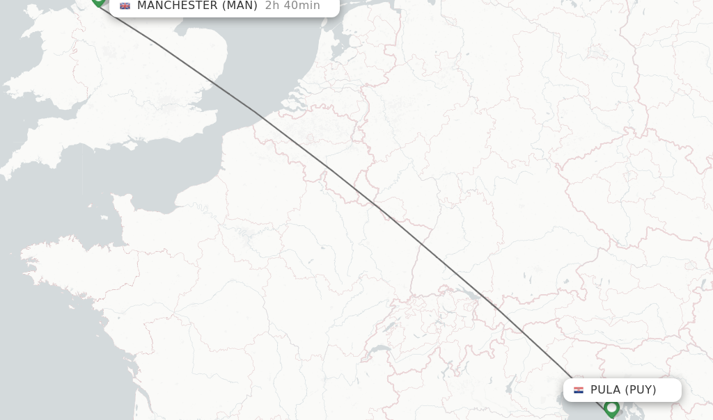 Flights from Pula to Manchester route map