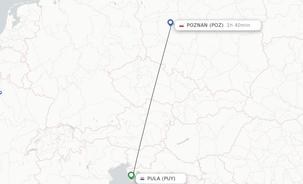 Flights from Pula to Poznan route map