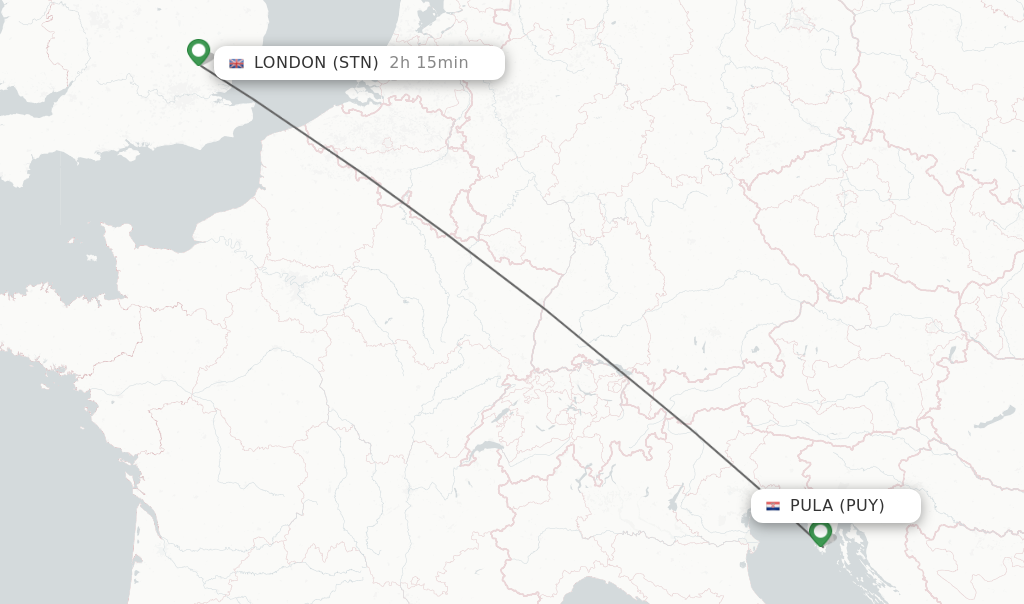Flights from Pula to London route map