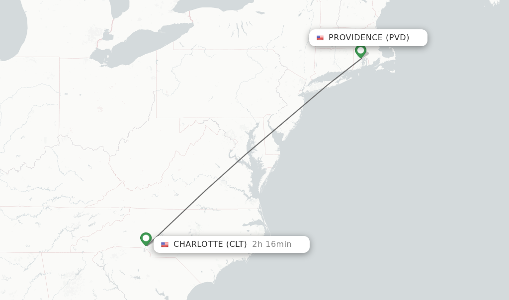Flights from Providence to Charlotte route map