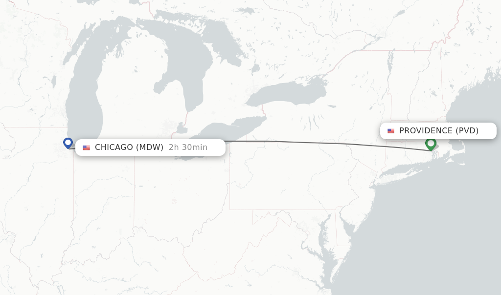 Flights from Providence to Chicago route map