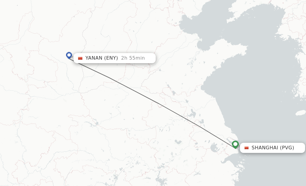 Flights from Shanghai to Yan'an route map