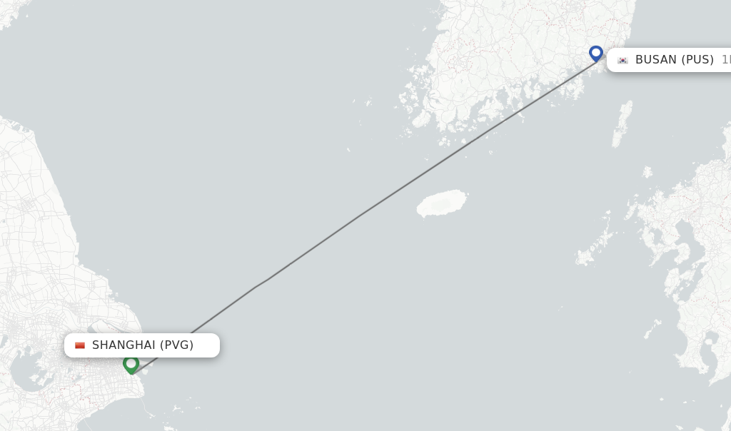 Flights from Shanghai to Busan route map