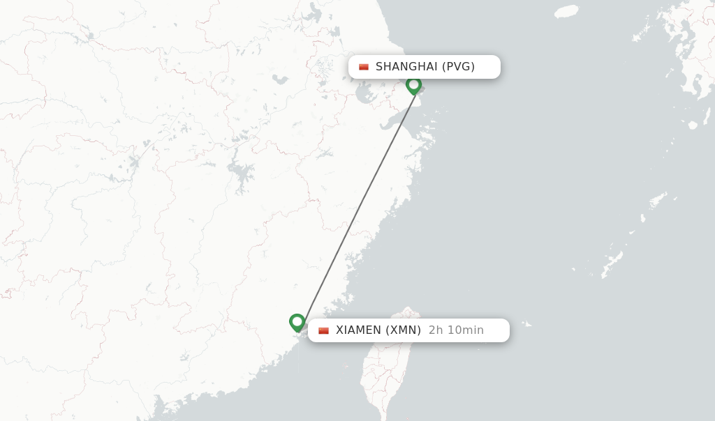 Flights from Shanghai to Xiamen route map