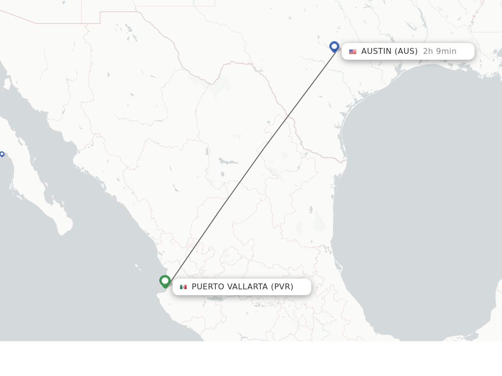 Flights from Puerto Vallarta to Austin route map