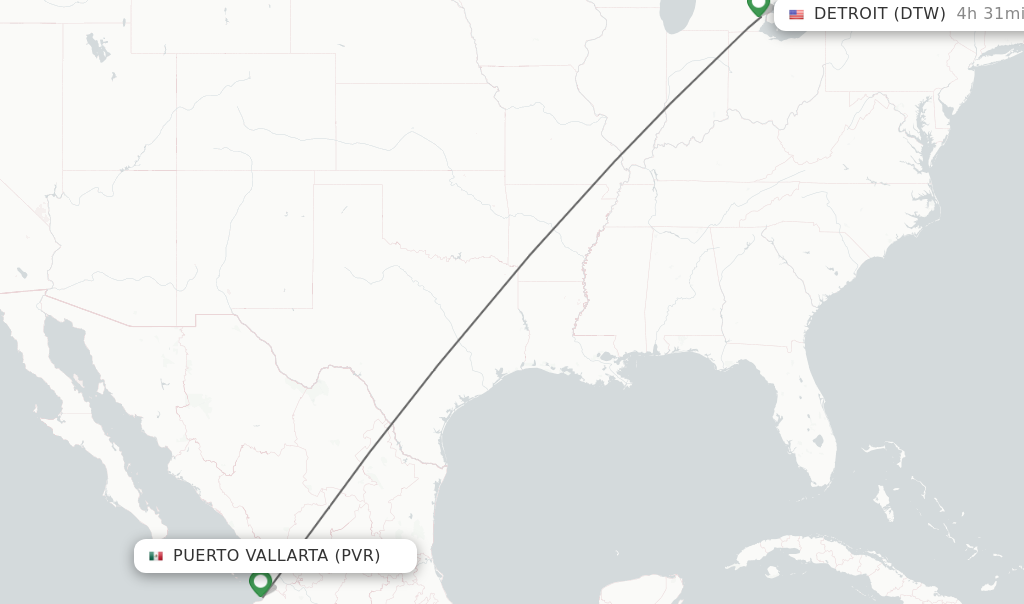 Flights from Puerto Vallarta to Detroit route map