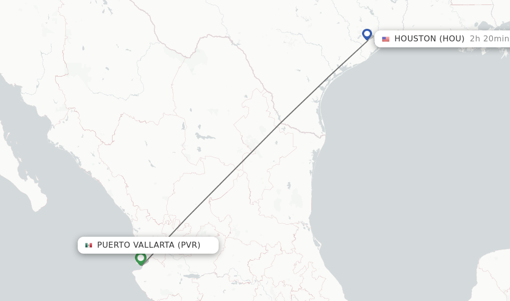 Flights from Puerto Vallarta to Houston route map