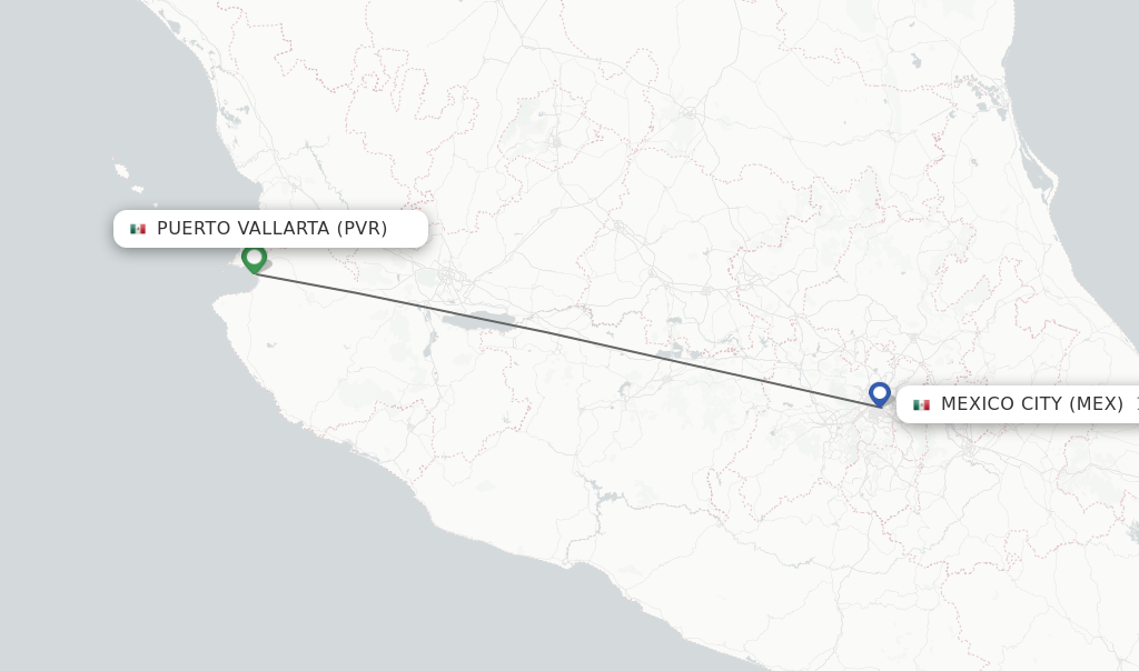 Flights from Puerto Vallarta to Mexico City route map