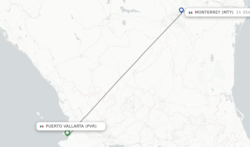 Flights from Puerto Vallarta to Monterrey route map