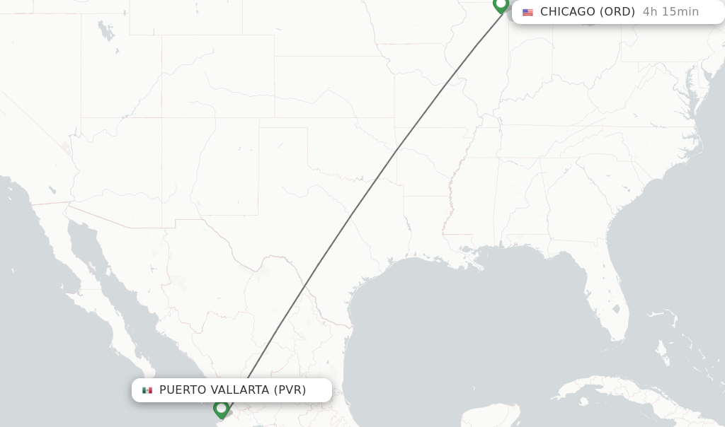 Flights from Puerto Vallarta to Chicago route map